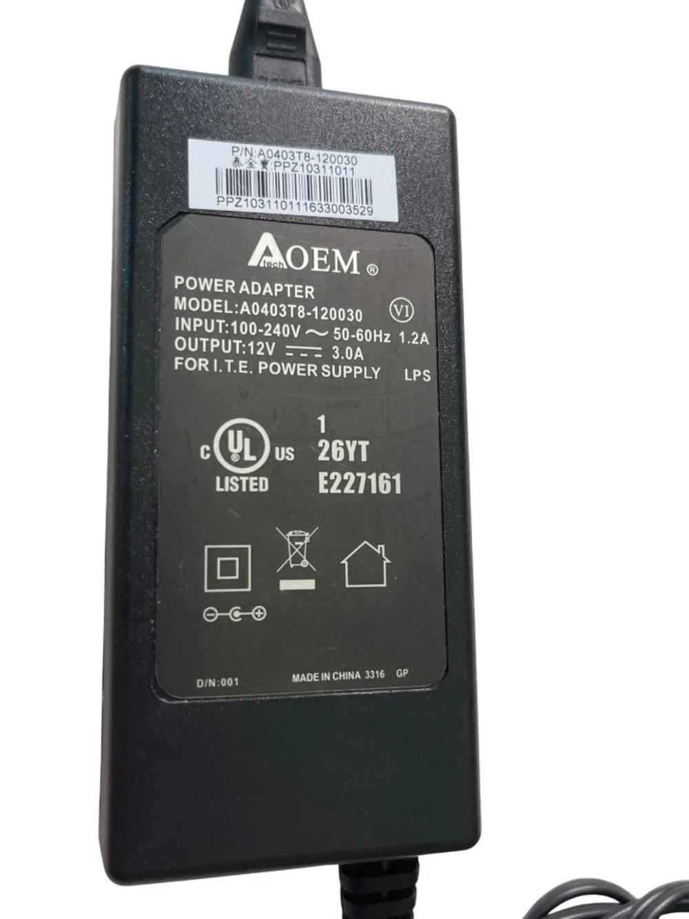 AOEM 12V 3A Power Adapter Model A0403T8-120030 With Cord - 60 Inches Length 20L